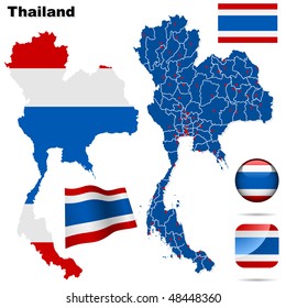 Thailand vector set. Detailed country shape with region borders, flags and icons isolated on white background.
