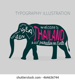 Thailand vector typography Illustration. Silhouette of an Asian elephant with inscriptions presented on a gray background.
