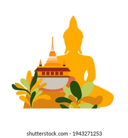 Thailand. View from Bangkok temples and Buddha in green tropical trees. Travel poster. Vector illustration. 