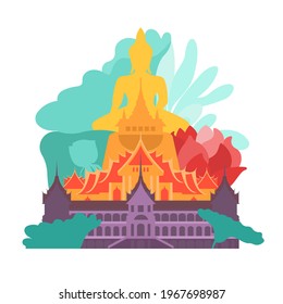 Thailand. View from Bangkok temples and Buddha in green tropical trees. Travel poster. Vector illustration. 