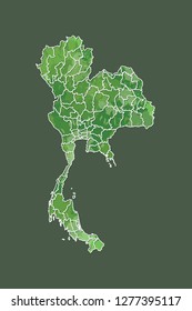 Thailand watercolor map vector illustration of green color with border lines of different provinces on dark background using paint brush in page