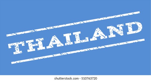 Thailand watermark stamp. Text caption between parallel lines with grunge design style. Rubber seal stamp with unclean texture. Vector white color ink imprint on a blue background.