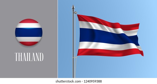 Thailand waving flag on flagpole and round icon vector illustration. Realistic 3d mockup of red blue Thai flag and circle button 