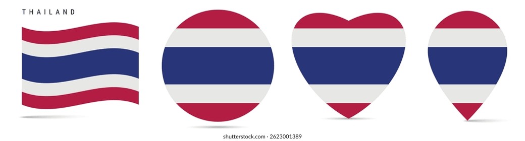 Bandeira de ondas da Tailândia, crachá do adesivo do círculo redondo, ícone em forma de coração, pino do mapa. Botões de bandeira tailandesa de diferentes formas. Ilustração vetorial isolada em branco.