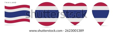 Thailand waving flag, round circle sticker badge, heart shaped icon, map pin. Thai flag buttons of different shapes. Vector illustration isolated on white.
