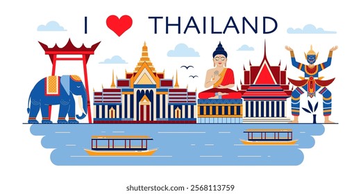 Thailand web banner with city skyline, Buddha statue, Asian elephant and Khon dancer in traditional mask. Asia travel scene with popular Thai landmarks, attractions and boats on water.