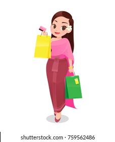 Thailand Woman Shopping With Credit Card Against White Background, Cartoon, Vector Illustration