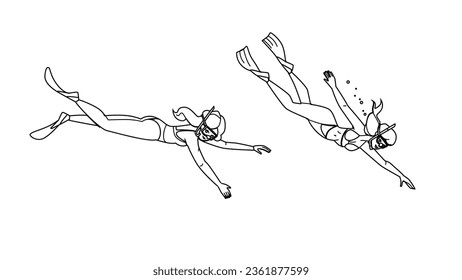 thailand woman snorckeling vector. hawaii water, sea mask, ocean tropical thailand woman snorckeling character. people black line illustration