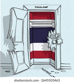 O caminho da liberdade na Tailândia. Ilustração política de uma porta quebrada, mas trancada, com a bandeira nacional. Uma metáfora para luta e esperança.