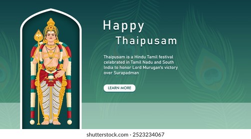 Thaipusam banner concept, with Lord Murugan, Indian Tamil god of war.