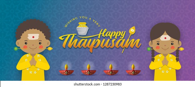 Thaipusam or Thaipoosam banner design. A festival celebrated by the Tamil community. Cartoon tamil kids with vel spear, paal kudam (milk pot) & diya (oil lamp) in flat vector illustration.