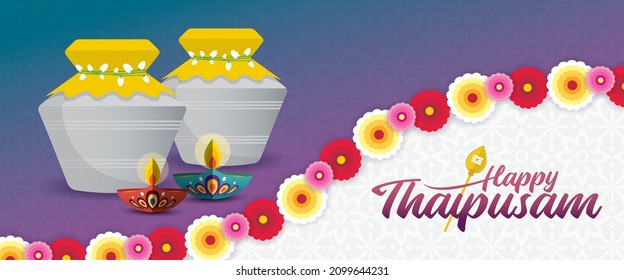 Thaipusam or Thaipoosam celebration greeting banner. Paal kudam (milk pot), diya oil lamp and marigold flower. Hinduism festival vector illustration. 
