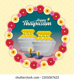 Thaipusam or Thaipoosam celebration greeting card. Paal kudam milk pot, diya oil lamp and marigold flower wreath. Hinduism festival vector illustration. 