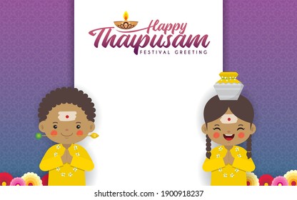 Thaipusam or Thaipoosam festival.  Cartoon hindu people with paal kudam (milk pot) and marigold flower on gradient background. Hinduism festival vector illustration.