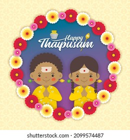 Thaipusam or Thaipoosam festival.  Cartoon Indian people with greeting text, paal kudam milk pot and marigold flower wreath. Hinduism festival vector illustration.