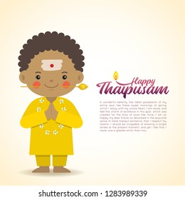 Thaipusam or Thaipoosam - festival celebrated by the Tamil community. Cartoon indian boy with vel spear in flat vector illustration. 