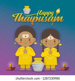 Thaipusam or Thaipoosam - a festival celebrated by the Tamil community. Cartoon tamil kids with vel spear, paal kudam (milk pot) & diya (oil lamp) in flat vector illustration. 