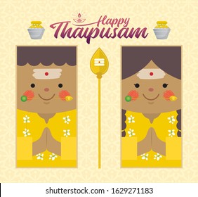 Thaipusam or Thaipoosam - a festival celebrated by the Tamil community. Cartoon Indian prayer with vel spear, paal kudam (milk pot) & diya (oil lamp) in flat design. Hinduism vector illustration. 