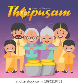 Thaipusam or Thaipoosam. A festival celebrated by the Tamil community with procession and offerings. With happy indian family and paal kudam.