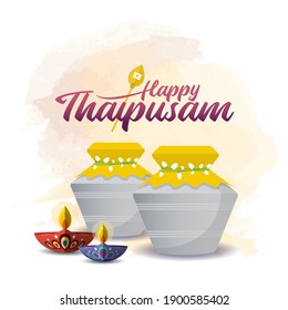 Thaipusam or Thaipoosam - A festival celebrated by the Tamil community. Paal kudam (milk pot offerings) and diya oil lamp on watercolor background. Hinduism festival vector illustration.