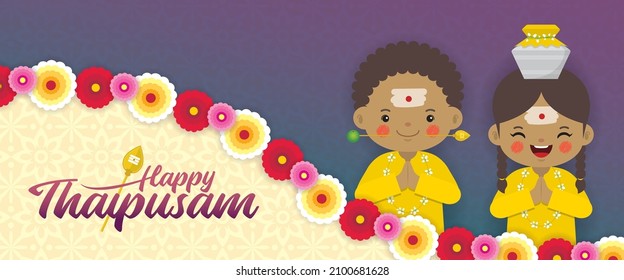 Thaipusam or Thaipoosam greeting banner. Cartoon tamil people with vel spear, paal kudam milk pot and marigold flower. Hinduism festival vector illustration. 