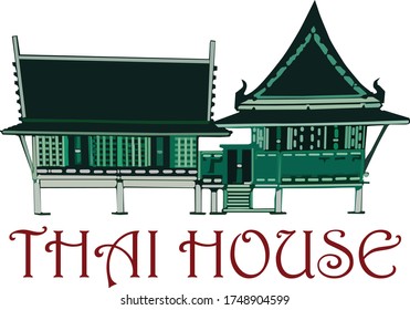 Thai-style houses with tall roofs, spiers and open spaces.