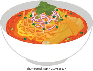 Thai-style Khao Soi Is Made By Putting Fried Egg Noodles In Curry Soup With Coconut Milk, Topped With Pepper And Dried Shrimp Paste, Pickled Cabbage, Shallot, Lime Soup, And Meat.