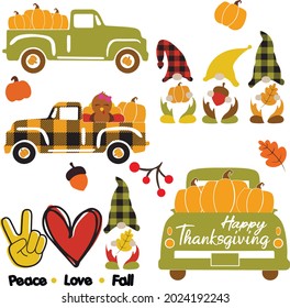 Thaksgiving bundle svg vector Illustration isolated on white background. Fall truck with pumpkin. Autumn gnomes with fall elements. Peace love fall shirt design. Happy thanksgiving decoration.  svg
