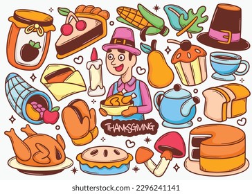 Thaksgiving Doodle Hand Drawn Color Vector Collection