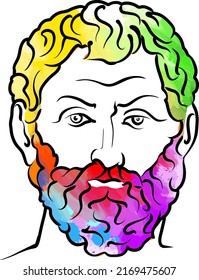 Thales of Miletus colorful hair vector drawing. Hand-drawn outline sketch. Drawing for use on any marketing project and for resale as print.