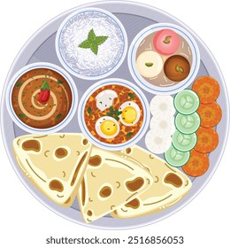 Thali Food Top View. Roti, Egg Curry, Dal Makhani, Rice, Salad, Rasgulla, and Gulab Jamun. Authentic Indian Food Art  