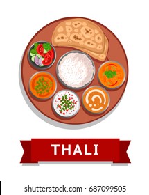 Thali. Indian national dish. Vector flat illustration.