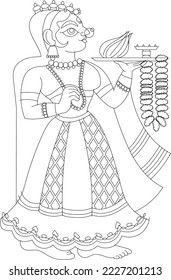 woman in a wedding procession carrying puja thali. matkis on the head, Rajasthani style painting. for textile printing, logo, wallpaper, and wedding card, wedding.