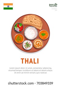 Thali. National indian dish. Vegetarian food. View from above. Vector flat illustration.