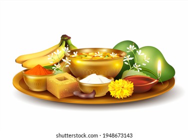 Thali (tray) with traditional food pachadi with all flavors for Indian New Year festival Ugadi (Gudi Padwa, Yugadi). Isolated on white. Vector illustration.