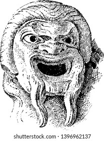 Thalia Mask from the statue of Thalia vintage line drawing or engraving illustration.