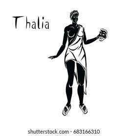 Thalia muse of comedy and idyllic poetry black vector illustration isolated on a white background