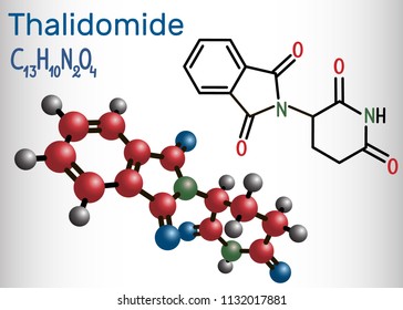 Thalidomide molecule. Is used as a treatment of multiple myeloma and of leprosy. Structural chemical formula and molecule model. Vector illustration