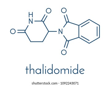 Thalidomide teratogenic drug molecule. Found to cause serious birth defects. Still used in treatment of multiple myeloma. Skeletal formula.