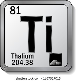 Icono de elemento de tabla periódica Thalium o Ti en la ilustración vectorial de botón metálico plata. Etiqueta 3d con sombra suave para la etiqueta de producto químico o elemento de diseño gráfico de página web digital.