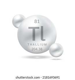 Thallium molecule models silver and chemical formulas scientific element. Ecology and biochemistry concept. Isolated spheres on white background. 3D Vector Illustration.