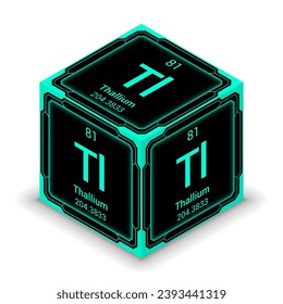 Thallium (Tl) (081) - Fundamental Element Futuristic Cybernetic Cube Block Isometric View, Icon Isolated White Background, Periodic Table, Chemical Symbol, Name, Atomic Mass, Atomic Number