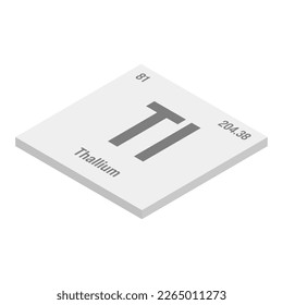Thallium, Tl, gray 3D isometric illustration of periodic table element with name, symbol, atomic number and weight. Post-transition metal with various industrial uses, such as in certain types of