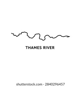 Thames River course outline with bold name label, Thames River map shown as a clean black winding line isolated on white for geography and atlas design