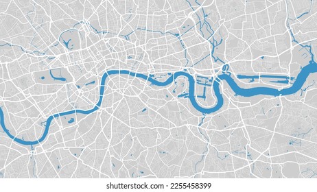 Thames river map, London city, England. Watercourse, water flow, blue on grey background road map. Vector illustration, detailed silhouette. svg