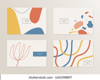 Than you - set of modern abstract art design cards with organic shapes in pastel colors. Contemporary collage wall art, flyer, newsletter, magazine cover, packaging and branding design.
