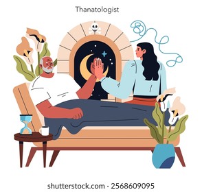 Thanatology concept. A counselor comforting a grieving person with a backdrop of a cosmic portal, expressing the journey of life. Supportive therapy session. Vector illustration.