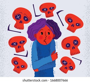 Thanatophobia fear of death vector illustration, girl surrounded with imaginary dead skulls in fear and panic attack, psychology and psychiatry.