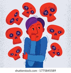 Thanatophobia fear of death vector illustration, young man surrounded with imaginary dead skulls in fear and panic attack, psychology and psychiatry.