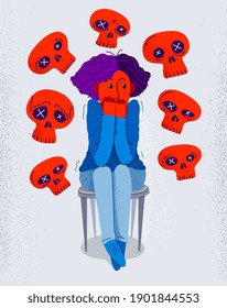 Thanatophobia fear of death vector illustration, girl surrounded with imaginary dead skulls in fear and panic attack, psychology and psychiatry.